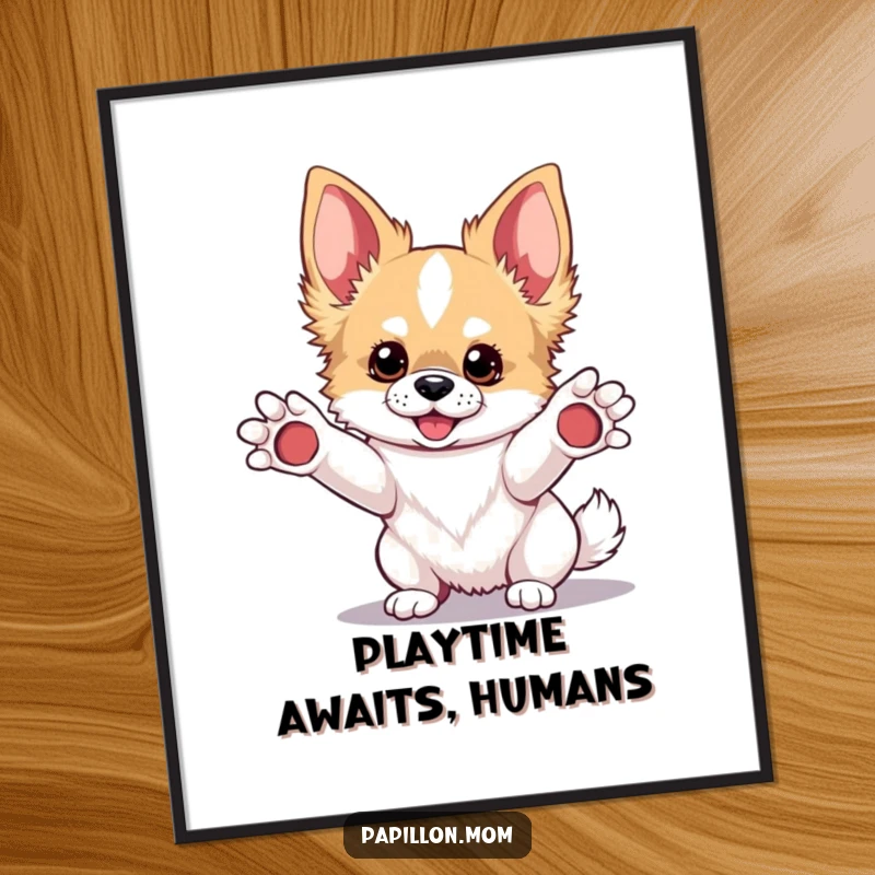 Funny Kawaii Papillon dog poster, vibrant artwork of a playful pup with paws extended, cute and cheerful wall decor.