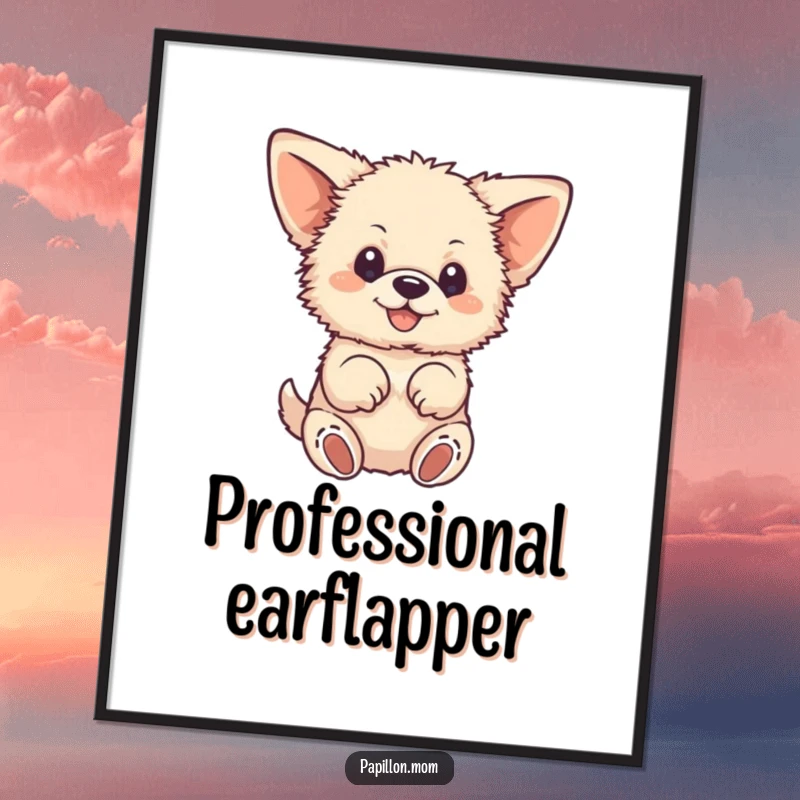 Funny poster illustrating a small, fluffy dog with impressively large ears, captured in a moment of ecstatic paw-fluttering, bringing joy to any wall.