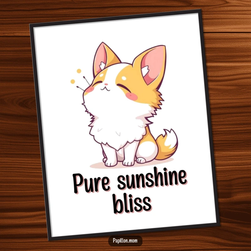 Funny Papillon poster depicting a dog sighing contentedly while looking up at the sun, evoking peace and happiness.