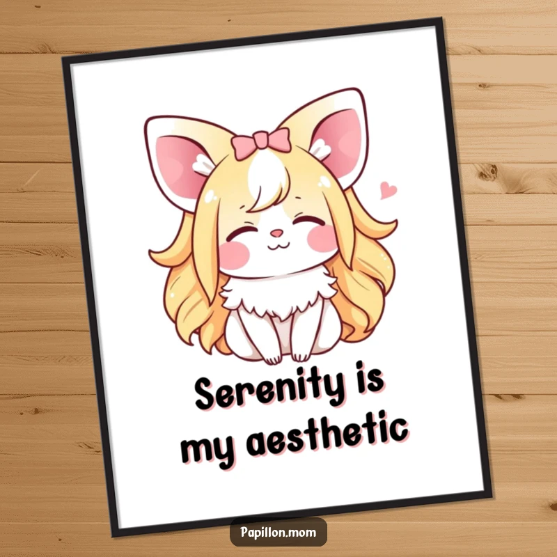 Funny Kawaii Papillon Lady poster art of a dog sighing happily with eyes closed, bringing a sense of calm and humor to any space.