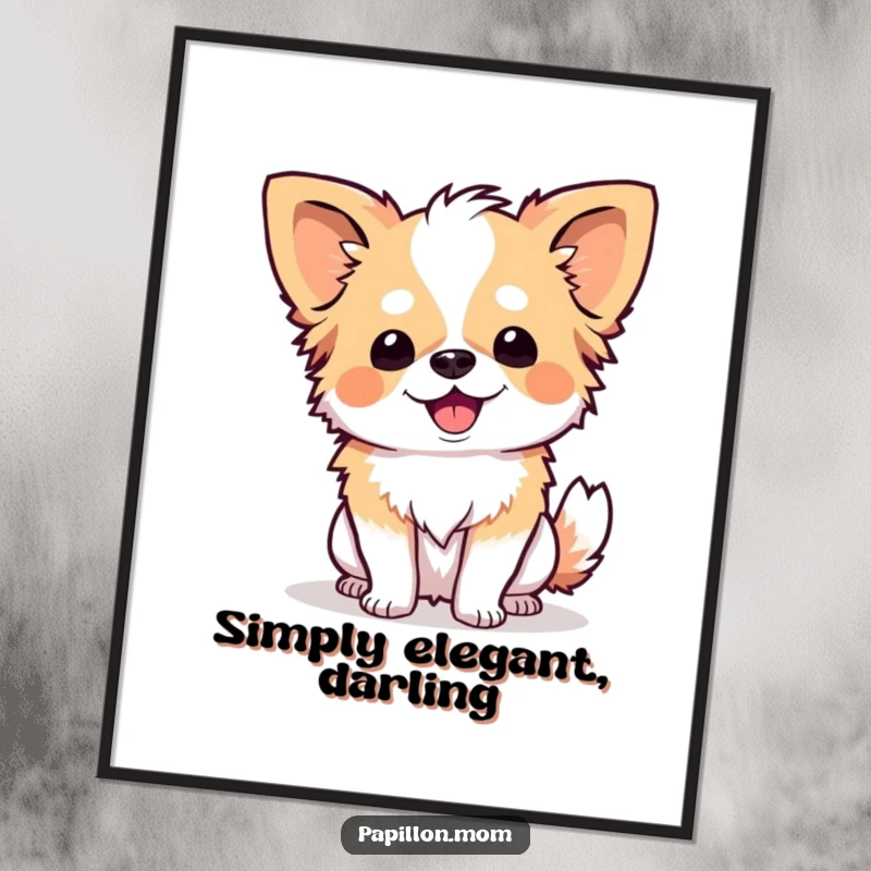 Funny Papillon dog depicted in a sweet, happy curtsy, embodying politeness and charm as a humorous wall art.