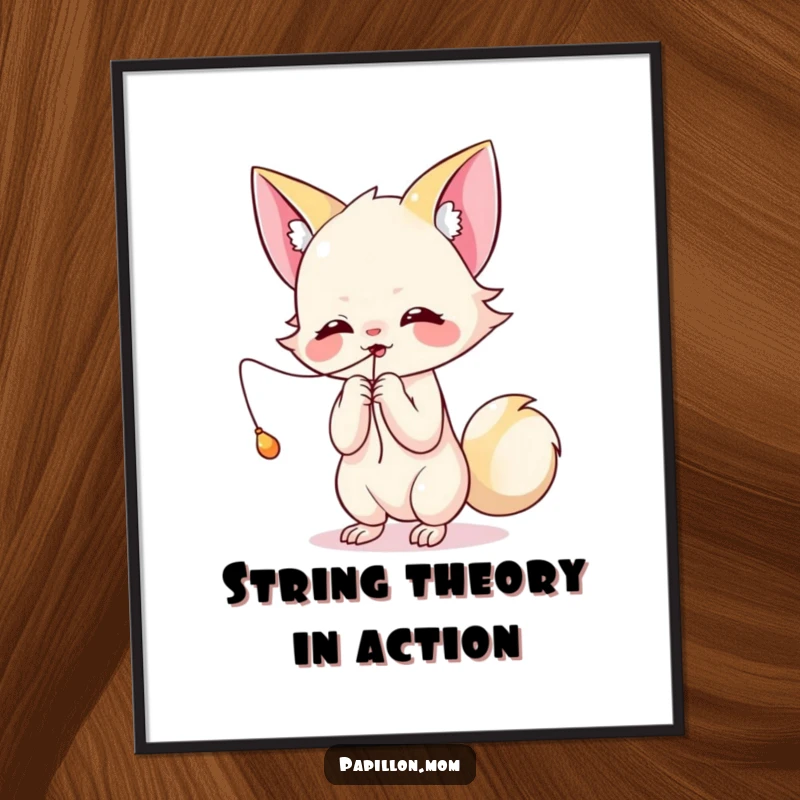 Funny Kawaii Papillon poster displaying a cute lady playfully batting at a dangling string, capturing pure joy and energetic fun.