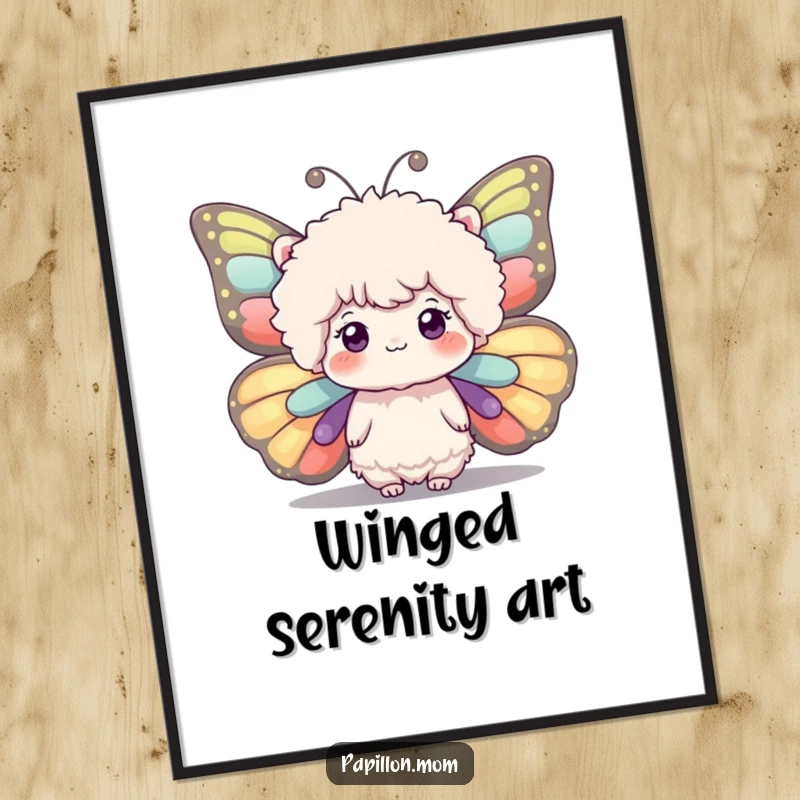 Funny poster art of a fluffy head with large, expressive butterfly wings, evoking a sense of whimsy, fantasy, and dreamlike beauty.