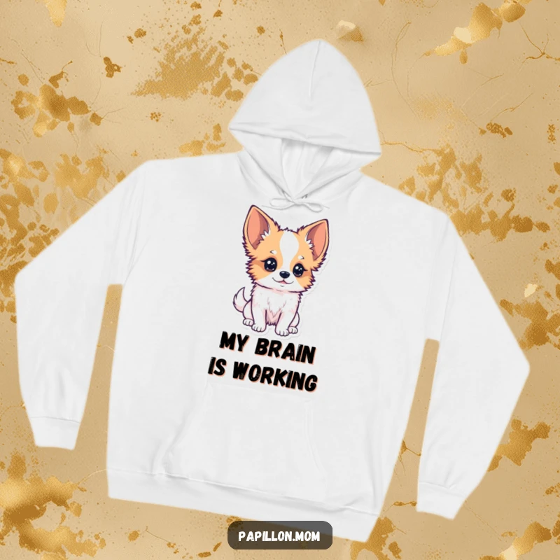 Funny Kawaii Papillon Dog Hoodie featuring a Papillon dog with a curious tilt of its head, observing closely, perfect for cozy contemplation.
