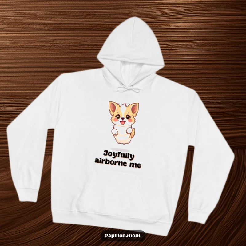 Funny Kawaii Papillon Dog Hoodie featuring a Papillon dog leaping playfully with a joyful sparkle in its eyes, perfect for cozy energy.