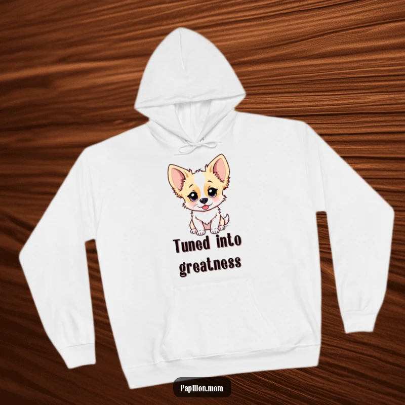Funny Papillon dog hoodie featuring a cute character with perked ears, listening intently, offering warmth and a touch of attentive charm.