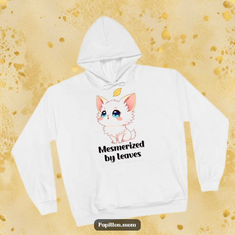Funny Papillon hoodie showing a dog mesmerized by a falling leaf, with sparkling eyes full of wonder and gentle curiosity.