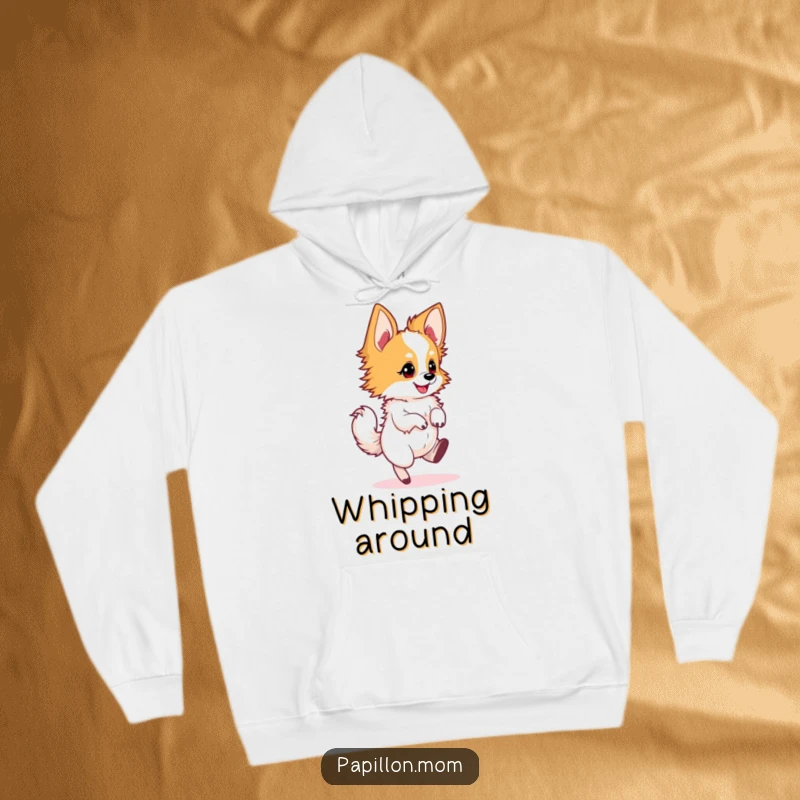 Funny Papillon dog hoodie featuring a dog in an energetic, joyful twirl, perfect for active wear.