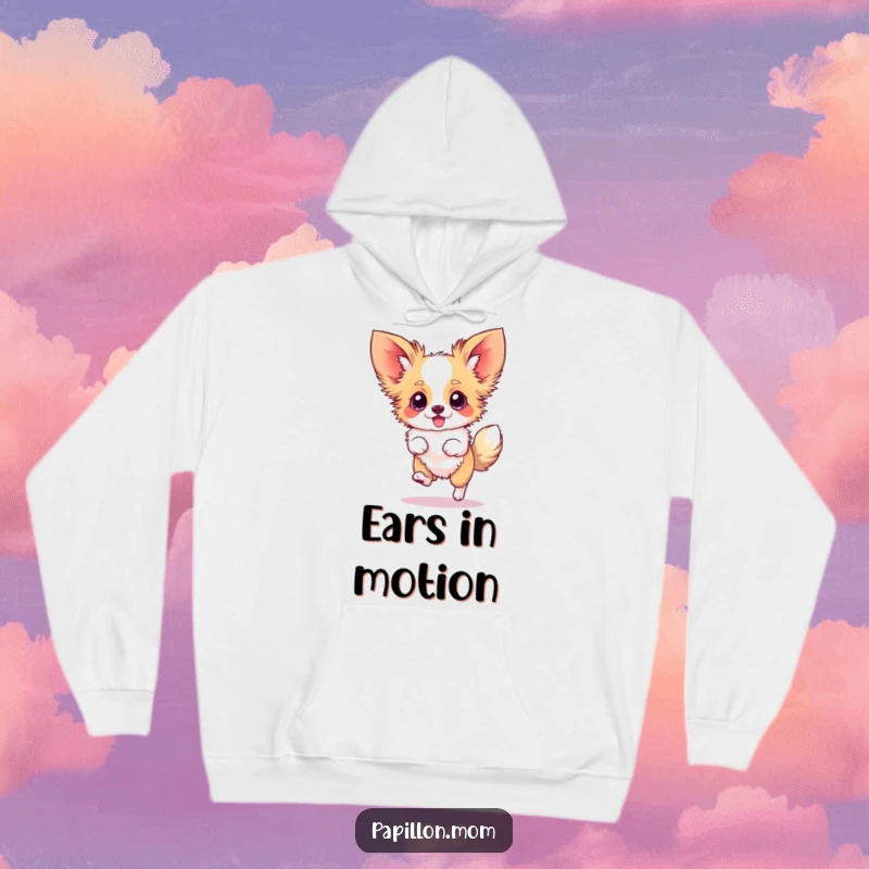 Funny Papillon hoodie depicting a dog mid-silly hop with ears blurred, showcasing peak zoomies and pure happiness.