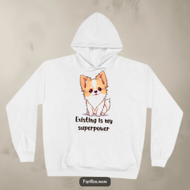 Funny Kawaii Papillon dog hoodie, soft and warm with a serene pup enjoying the wind, perfect for relaxing.