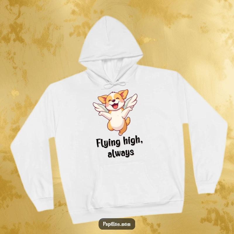 Funny hoodie showcasing a dog leaping with pure joy, its wings providing an extra boost, radiating exuberant happiness and freedom.