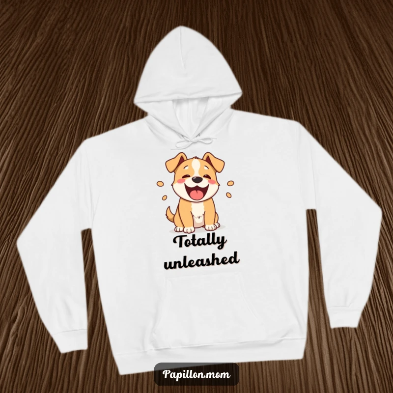Funny barking dog hoodie design, featuring a cheerful dog with playful sound ovals, offering warmth and humor.