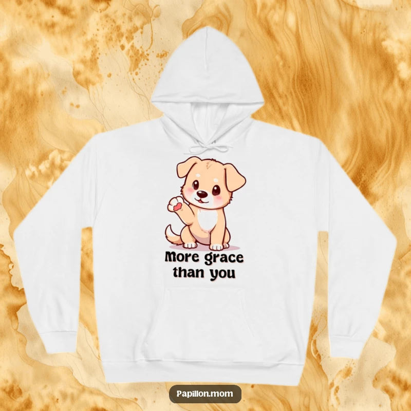 Funny hoodie depicting a dog in an elegant pose, with one paw gracefully extended, radiating poise and artistic sensibility.