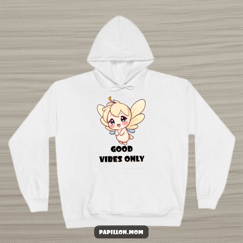 Funny hoodie depicting a character fluttering gracefully with a happy expression, offering warmth and a sense of cheerful freedom.