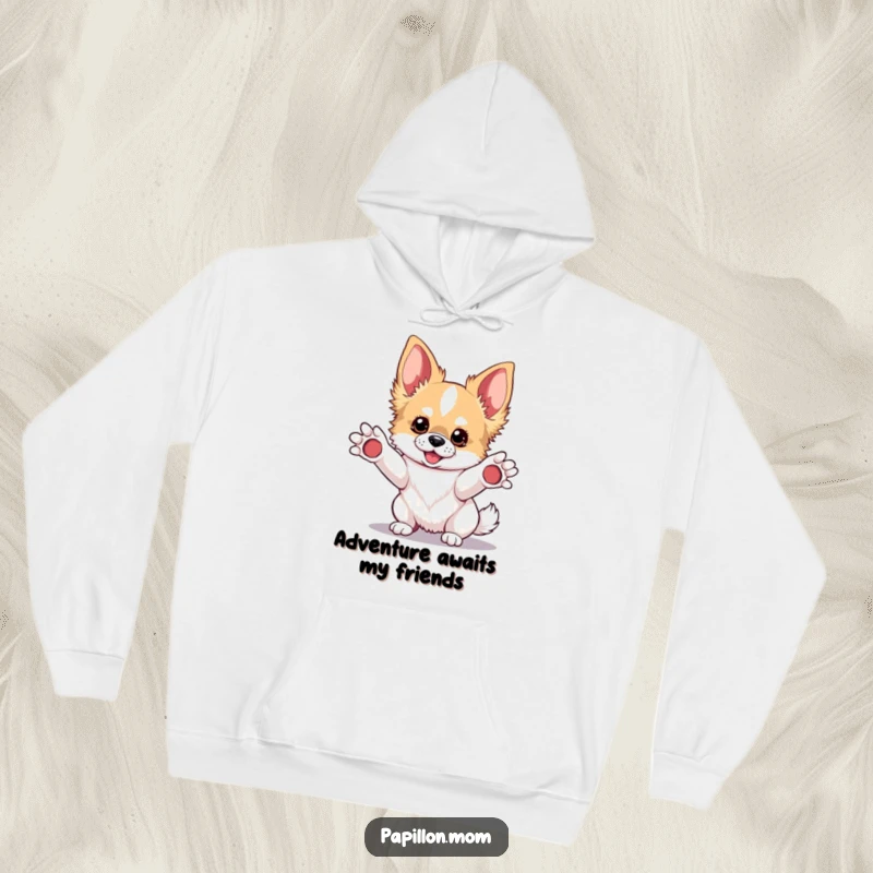 Funny Kawaii Papillon dog hoodie, snuggly pup with paws outstretched ready to play, soft and warm, perfect gift.