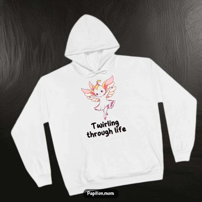 Funny Kawaii Papillon hoodie showing a cute lady performing a graceful aerial twirl, bringing cozy elegance and fluid motion.
