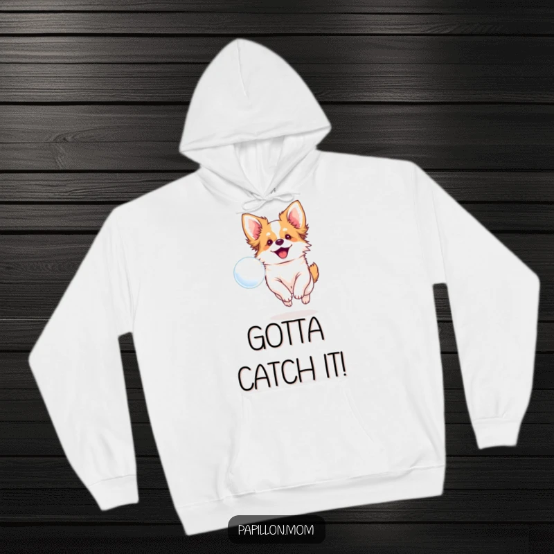 Funny hoodie with a smiling Papillon dog chasing a bubble, offering warmth and cheerful dog-themed humor.