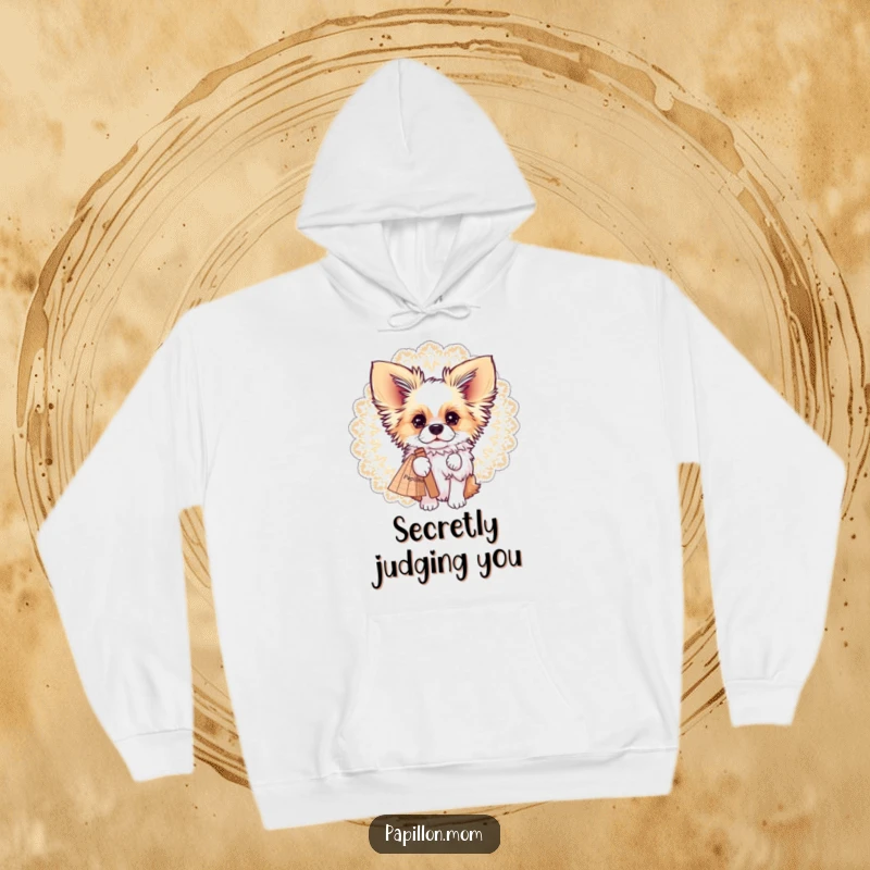 Funny Papillon dog partially obscured by a large, elegant lace fan, on a soft and comfortable hoodie.