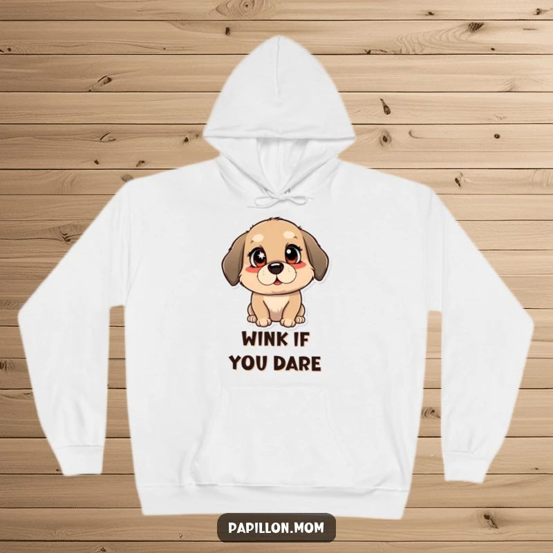 Funny hoodie showcasing a dog giving a confident wink, its eyes filled with a bright, mischievous sparkle, exuding playful energy.