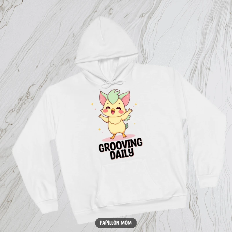 Funny Papillon hoodie showing a delighted Papillon dog performing a charming dance with joyful energy, radiating happiness.