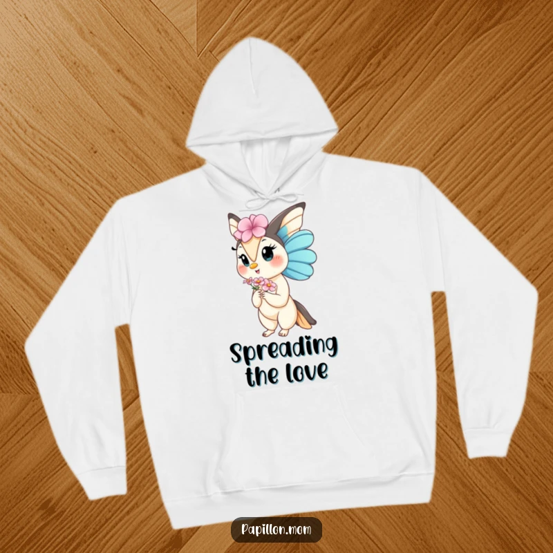 Funny Kawaii Papillon Lady hoodie depicting a dog gracefully offering a flower, combining cozy comfort with a message of gentle humor and kindness.