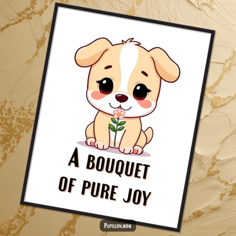 Funny Free Printable Wall Art: A dog character with a tender expression offering a tiny flower, symbolizing kindness and gentle affection.