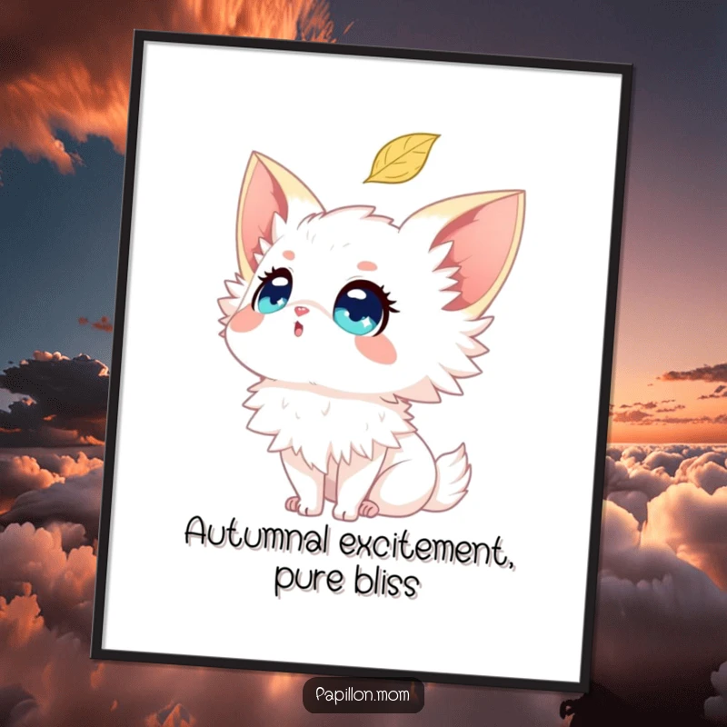 Funny Free Printable Papillon Wall Art: Dog with wide, sparkling eyes mesmerized by a falling leaf. A downloadable moment of wonder.