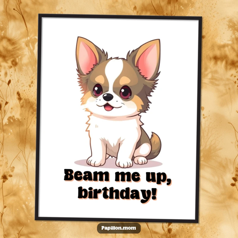 Funny Free Printable Wall Art: Kawaii Papillon dog with delicate ears perked, chasing a light beam with intense focus.