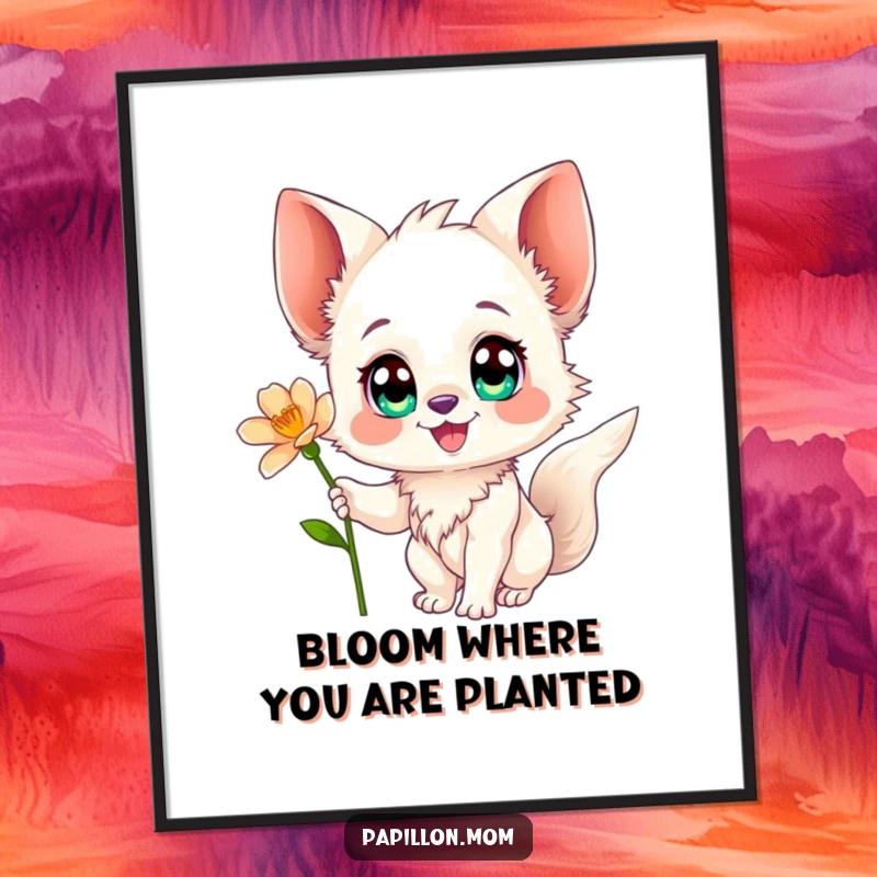 Funny Free Printable Papillon Wall Art: Happy dog with big eyes reaching for a delicate flower.