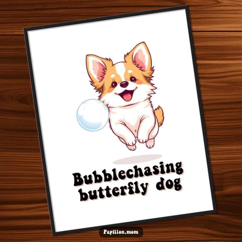 Funny Free Printable Wall Art: A smiling Papillon dog joyfully chasing a floating bubble, adding playful energy to a room.