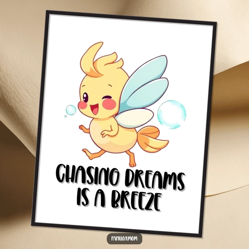 Funny Free Printable Papillon Wall Art: Dog joyfully chasing a shimmering soap bubble with a happy flutter.