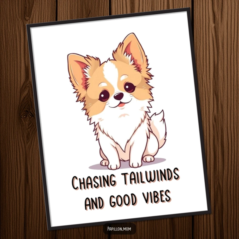 Funny Free Printable Wall Art: Kawaii Papillon dog enjoying a gentle breeze with a serene expression, adding a peaceful vibe to your walls.