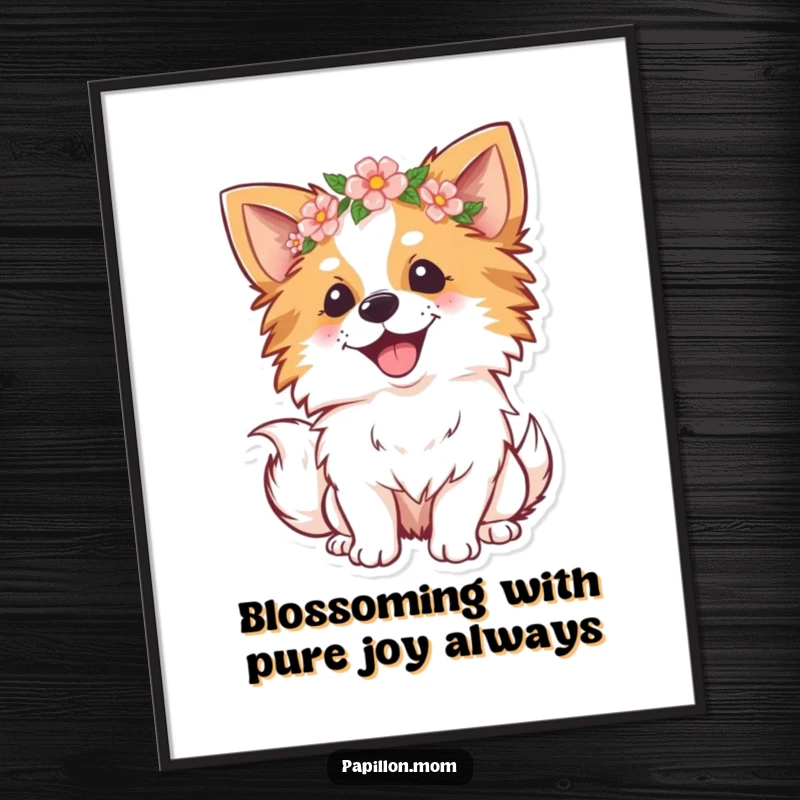 Funny Free Printable Papillon Wall Art: Happy dog wearing a flower crown, tail wagging with infectious joy.