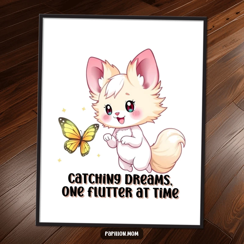 Funny Free Printable Papillon Lady Wall Art, happily chasing a shimmering butterfly, a whimsical piece.