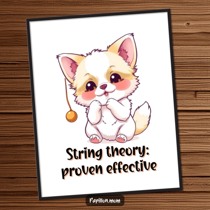 Funny Free Printable Papillon Wall Art: Energetic dog playfully batting at a dangling string. A humorous downloadable gallery piece.
