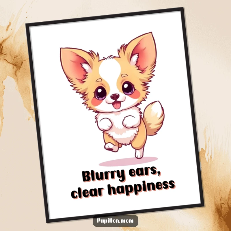 Funny Free Printable Papillon Wall Art: A Papillon doing a silly hop with ears blurred from speed. A downloadable burst of energy.