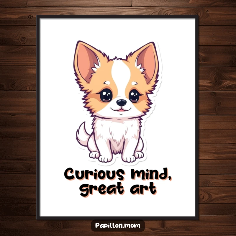 Funny Free Printable Wall Art: Kawaii Papillon dog with a curious tilt of its head, observing closely, with an inquisitive look.