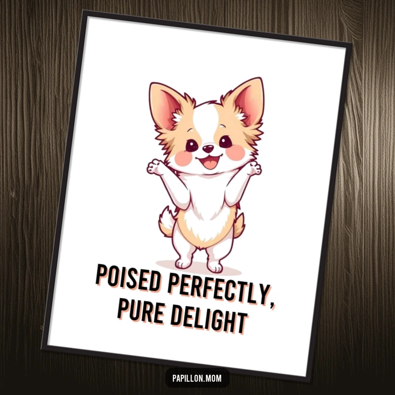 Funny Free Printable Wall Art depicting a Kawaii Papillon dog in a graceful pose, radiating pure and unadulterated delight.