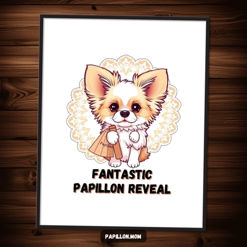 Funny Free Printable Wall Art: A curious Papillon dog peeking slyly from behind a grand, intricately detailed lace fan.