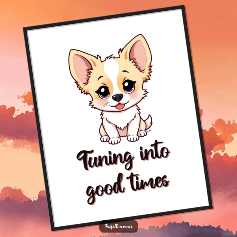 Funny Free Printable Wall Art of a Papillon dog with its ears perked high, intensely listening to secrets and whispers.