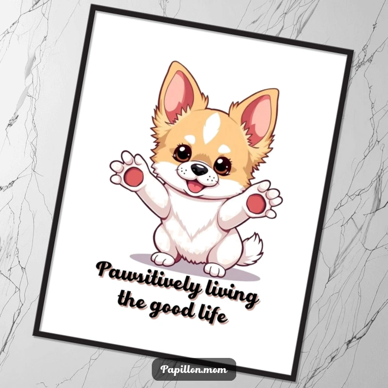 Funny Free Printable Wall Art: Kawaii Papillon dog extends paws playfully, inviting smiles and joy into any room with its cute design.