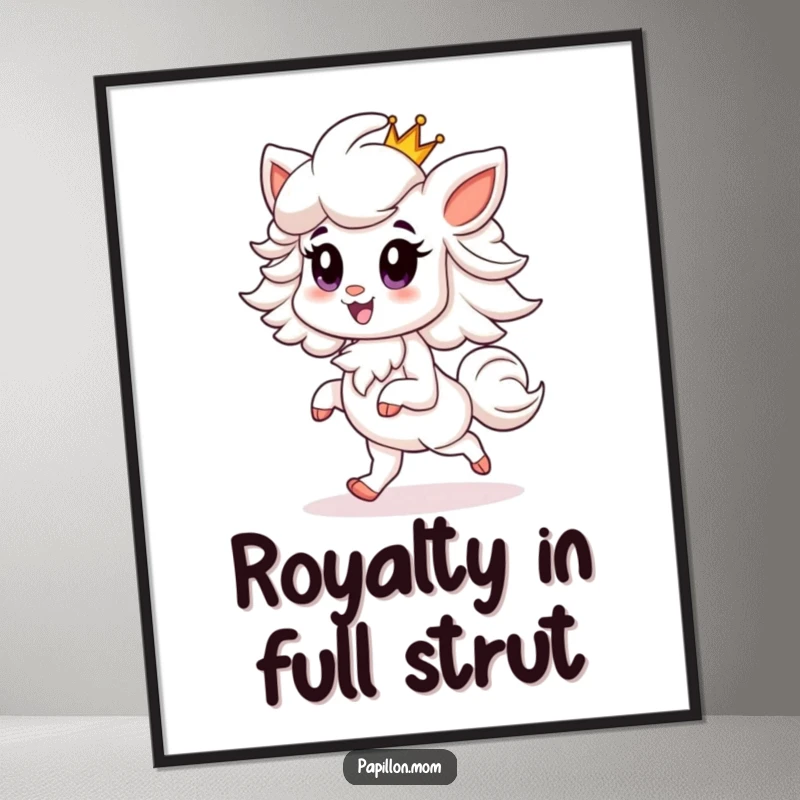 Funny Free Printable Wall Art: Papillon dog with a proud smile, prancing elegantly while wearing a small, decorative crown.