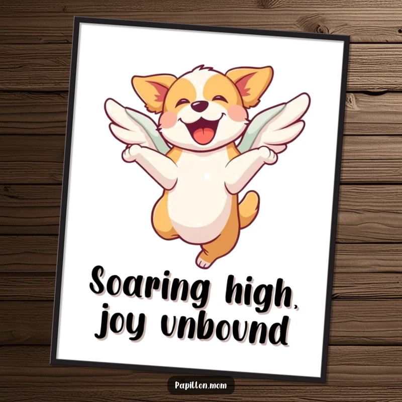 Funny Free Printable Wall Art of a dog leaping with joy, wings giving an extra boost, for dynamic decor