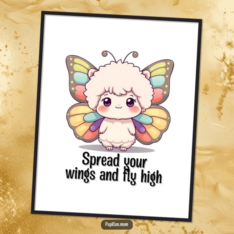 Funny Free Printable Wall Art: A fluffy, cute creature's head featuring large, incredibly expressive, and beautifully patterned butterfly wings.