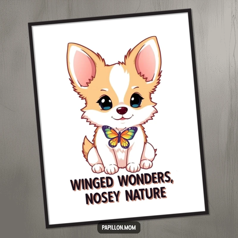 Funny Free Printable Wall Art: A Papillon dog with a butterfly delicately balanced on its nose, exuding playful charm.