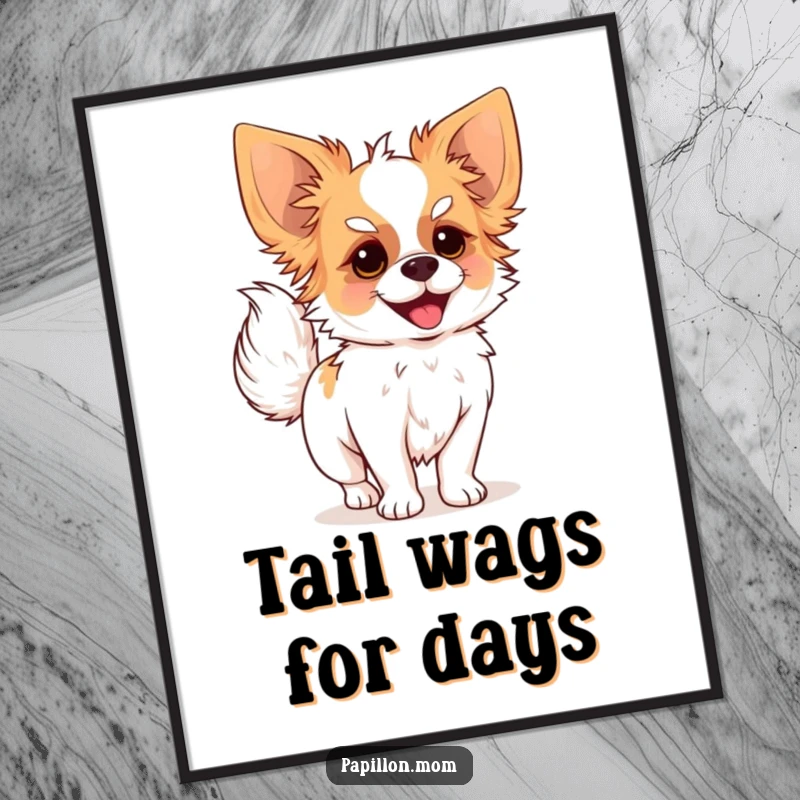 Funny Free Printable Wall Art: A Papillon dog’s fluffy plumed tail wagging with pure joy, adding warmth and happiness.