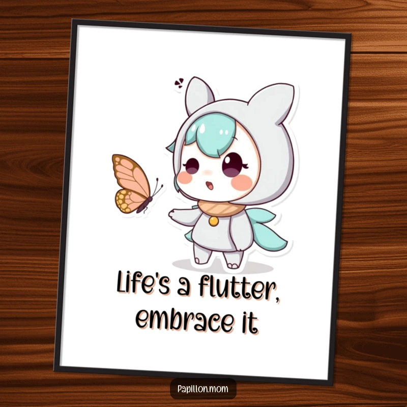 Funny Free Printable Wall Art: A character's eyes widen with delight at a beautiful butterfly, capturing a whimsical moment.