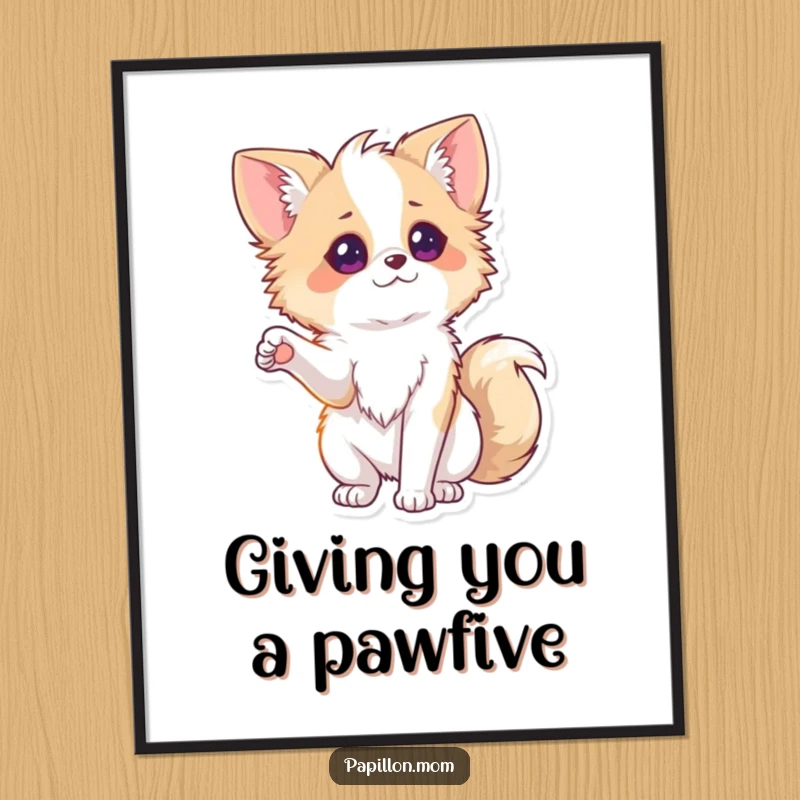 Funny Free Printable Wall Art: Papillon dog with a playfully outstretched paw. A charming and humorous downloadable art print.