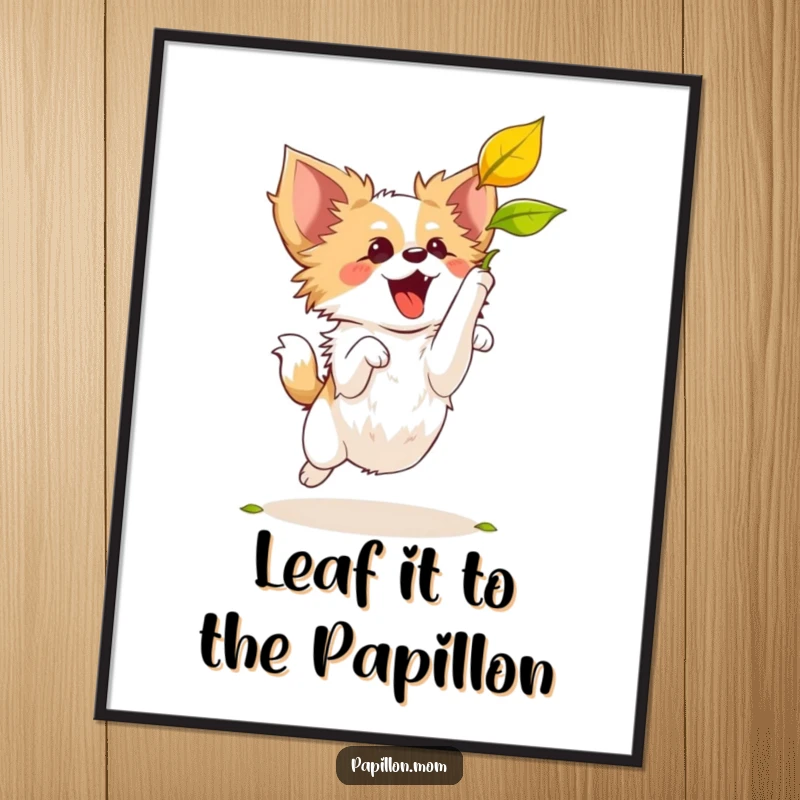 Funny Free Printable Wall Art: A playful Papillon dog leaping high to snatch a falling autumn leaf.