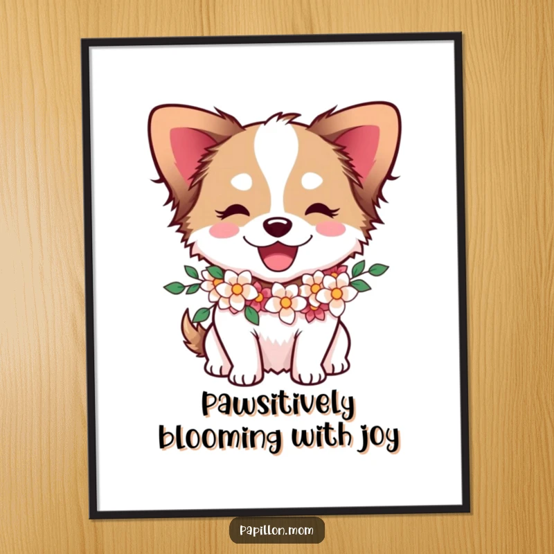 Funny Free Printable Papillon Wall Art depicting a joyful dog with a flower garland, adding cheerful decor to any room.